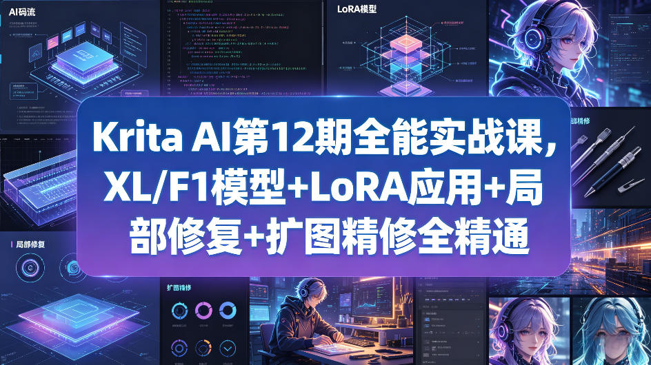Krita AI 第 12 期 · 全能实战课 |  XL / F1 模型 · LoRA 实战 · 局部修复 · 扩图精修 ·  一站式掌握商业级 AI 出图能力